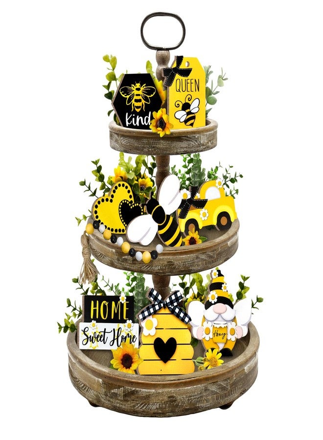 Guoofu Bee Tiered Tray Decor, Spring Summer Farmhouse Tiered Tray Decorations, Decorative Bumble Bee Gnome Hive Honey Truck Wooden Signs, Rustic Home Decor for Table Shelf Mantel Office Holiday Party - Image 1
